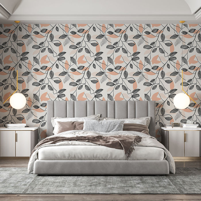 Une chambre élégante avec un papier peint floral aux motifs de feuilles noires et de fleurs corail sur fond clair, créant une ambiance douce et apaisante.
