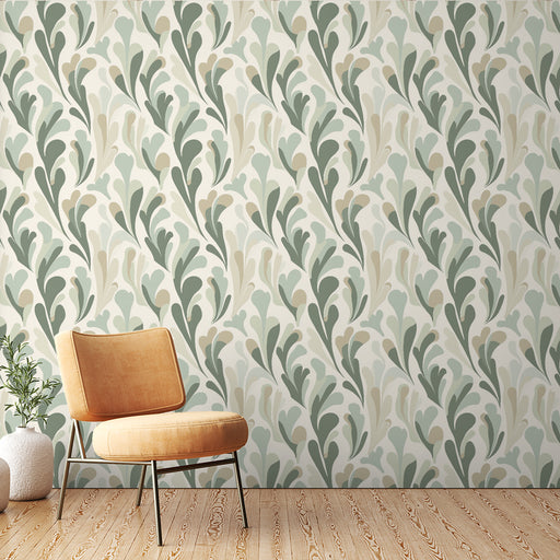 Une pièce moderne avec un papier peint aux motifs de feuilles stylisées dans des teintes douces de vert et beige, créant une ambiance naturelle et apaisante.