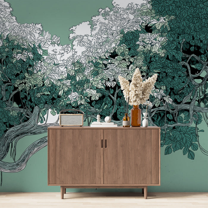 Papier peint végétal | Vignes et feuillage luxuriant sur fond doux