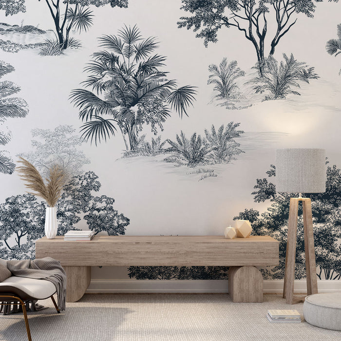 Une pièce lumineuse avec un papier peint botanique bleu marine illustrant des paysages tropicaux, créant une atmosphère apaisante et élégante.