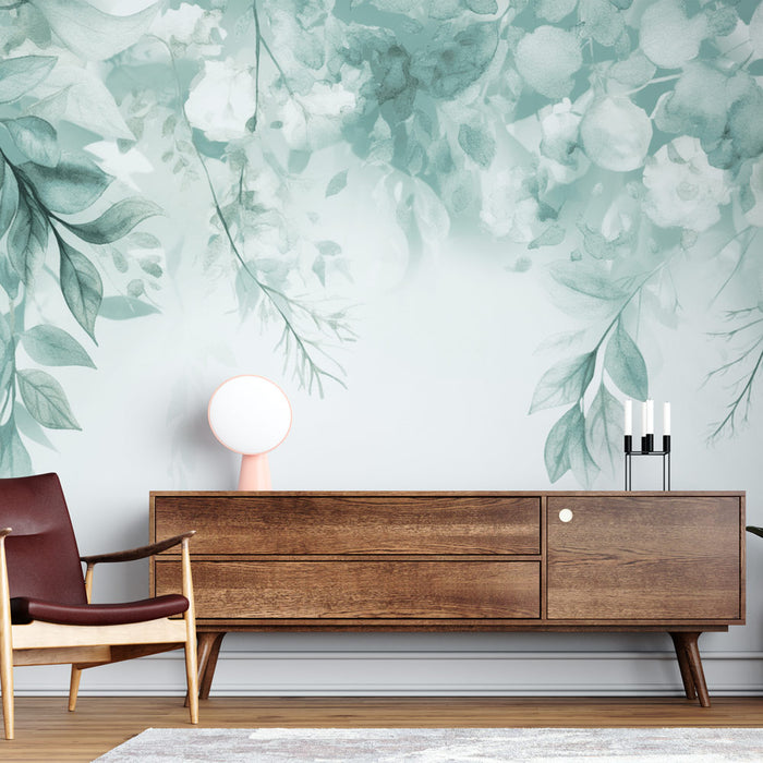 Une pièce moderne avec un papier peint floral aux teintes douces de vert et blanc, créant une atmosphère apaisante et naturelle.
