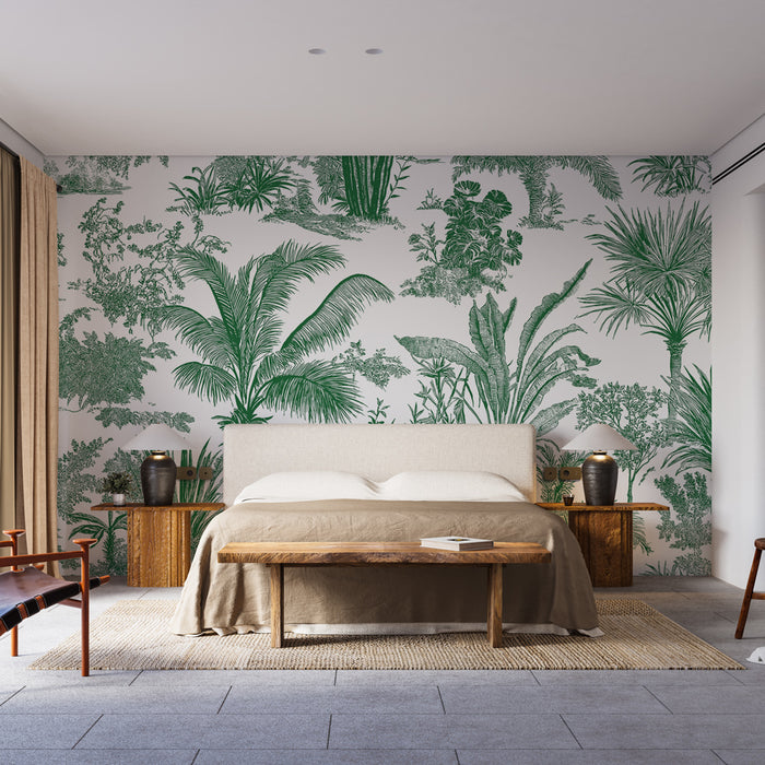 Une chambre moderne avec un papier peint tropical vert représentant une végétation luxuriante sur fond clair, créant une ambiance fraîche et apaisante.