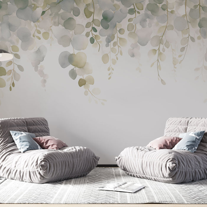 Une pièce moderne avec un papier peint aquarelle représentant des feuilles délicates dans des teintes vertes et pastel, créant une ambiance apaisante et naturelle.
