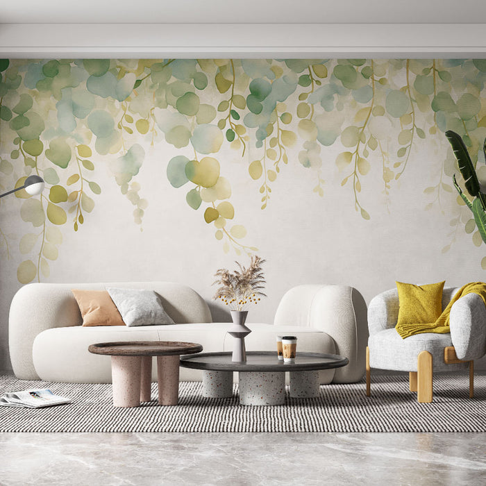 Un salon moderne avec un papier peint aquarelle représentant des feuilles vertes et jaunes, créant une ambiance fraîche et apaisante.