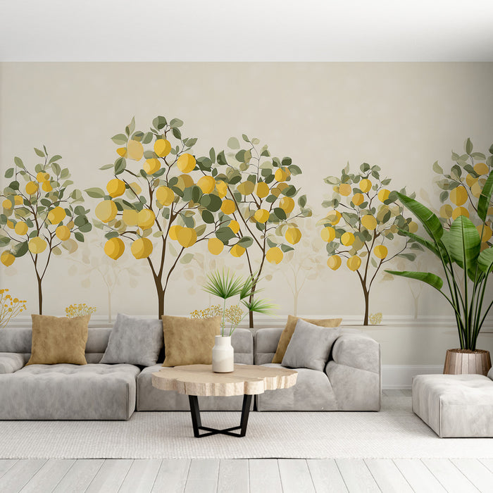 Un salon lumineux avec un papier peint représentant des arbres chargés de citrons jaunes et de feuillage vert, créant une ambiance fraîche et naturelle.