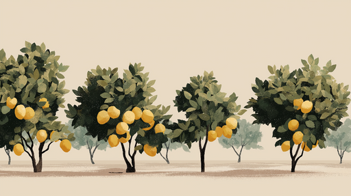 Papier peint verger de citronniers Un paisible paysage de citronniers aux fruits dorés