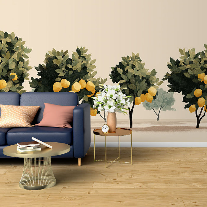 Un salon contemporain avec un papier peint illustrant des arbres chargés de citrons sur un fond clair, créant une ambiance fraîche et estivale.