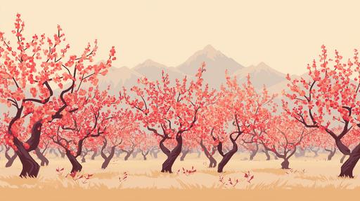 Papier peint verger de fleurs Cerisiers en fleurs avec montagnes en arrière-plan