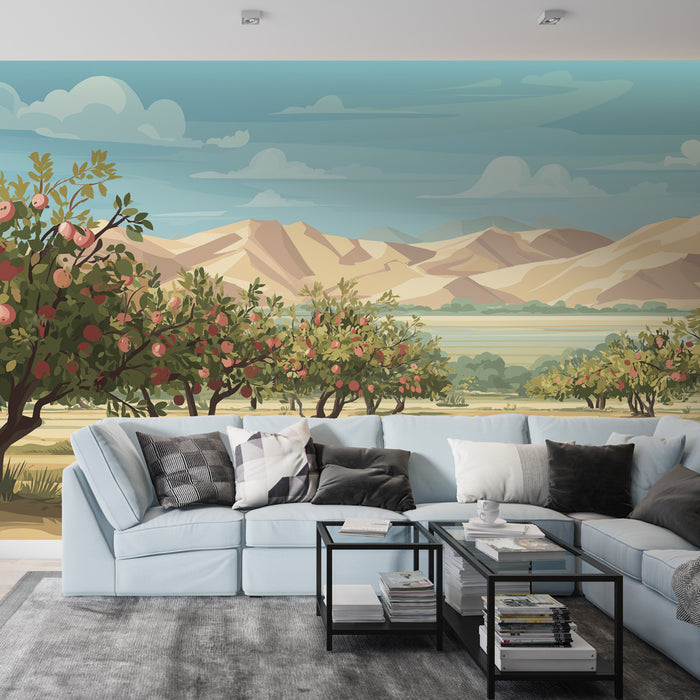 Un salon moderne avec un papier peint représentant un paysage rural apaisant, des vergers verdoyants et des montagnes sous un ciel bleu clair.