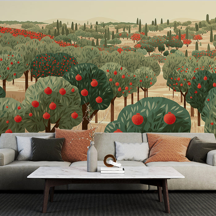 Un salon moderne avec un papier peint illustrant des vergers verdoyants parsemés de pommiers aux fruits rouges, créant une atmosphère chaleureuse et accueillante.