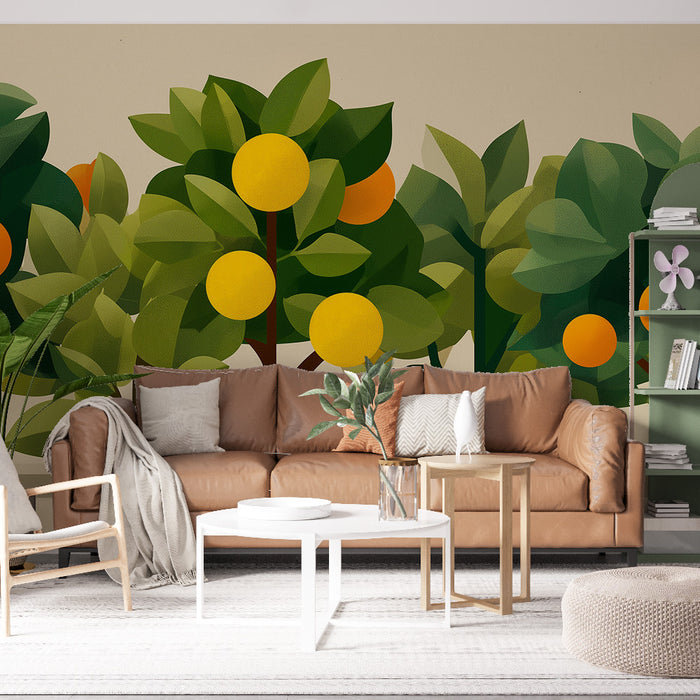 Un salon contemporain avec un papier peint végétal représentant des arbres aux fruits jaunes et des feuilles vertes, créant une ambiance fraîche et accueillante.