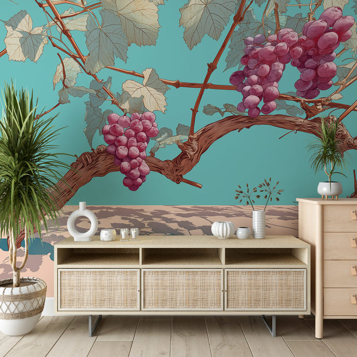 Une salle à manger moderne avec un papier peint représentant des grappes de raisins sur fond turquoise, créant une ambiance chaleureuse et accueillante.