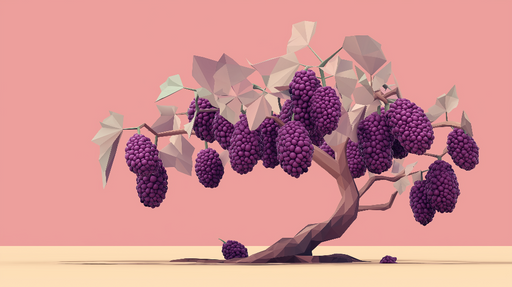 Papier peint vignes Arbre géométrique à grappes de baies violettes sur fond rose