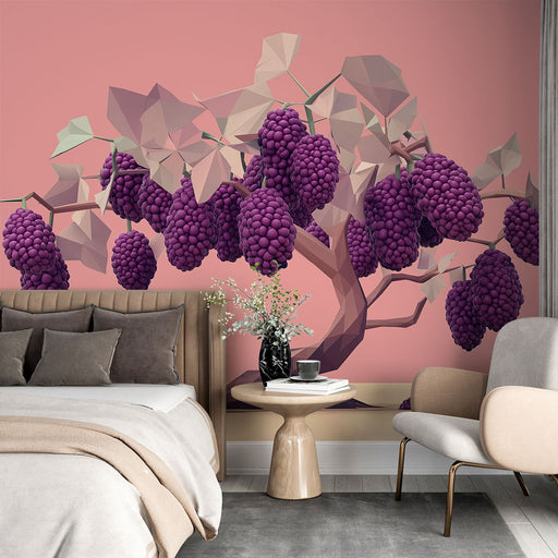 Une chambre moderne avec un papier peint représentant un arbre stylisé aux baies violettes sur fond rose, créant une ambiance artistique et chaleureuse.