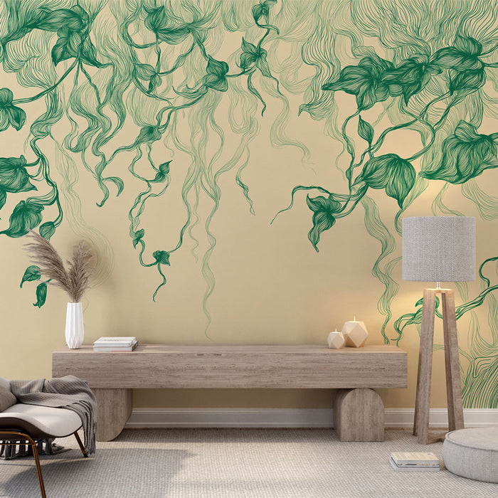 Une salle de séjour moderne avec un papier peint aux motifs de feuillage vert sur fond beige, créant une ambiance naturelle et apaisante.