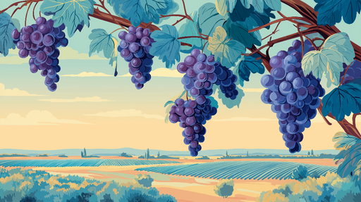 Papier peint vignes et raisins Grappe de raisins violets sur fond de paysage viticole