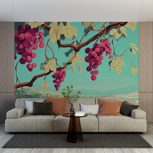 Un salon moderne avec un papier peint représentant des grappes de raisin sur fond turquoise, créant une ambiance fraîche et vivante.