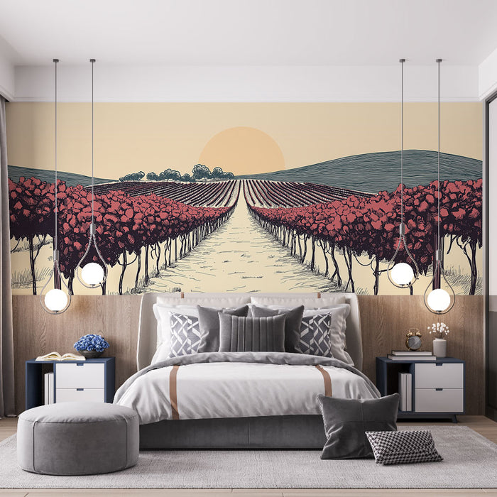 Papier peint vignes | Illustrations de vignobles au coucher du soleil