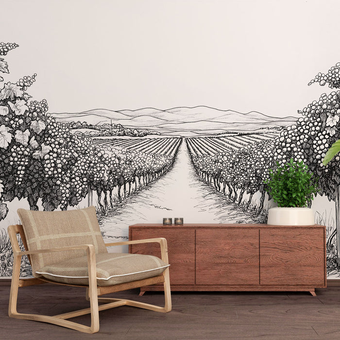 Papier peint vignes | Paysage de vignobles en noir et blanc