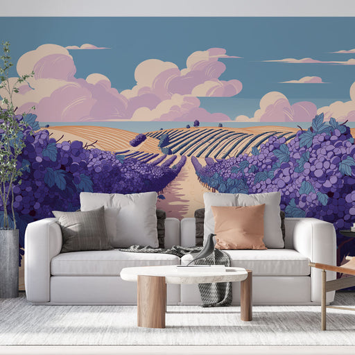 Un salon moderne avec un papier peint illustrant des vignes luxuriantes et des collines sous un ciel pastel, créant une atmosphère apaisante et bucolique.