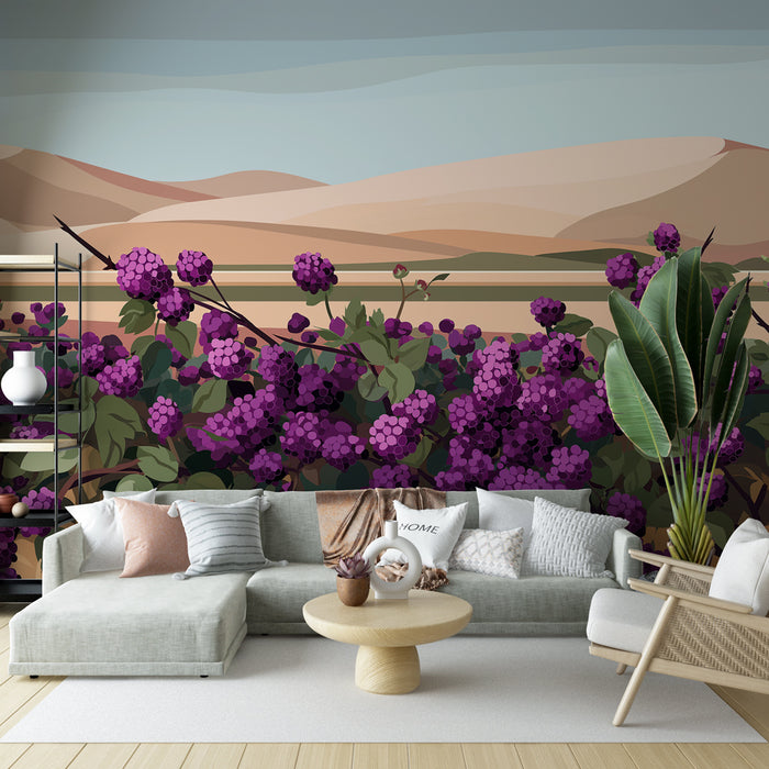 Un salon moderne avec un papier peint illustrant des grappes de baies violettes sur un fond de collines douces, créant une atmosphère chaleureuse et accueillante.