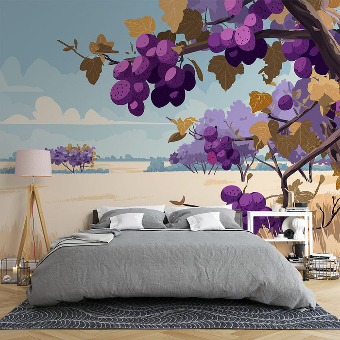 Une chambre moderne avec un papier peint illustrant des grappes de raisins violets et des paysages champêtres, créant une ambiance chaleureuse et accueillante.