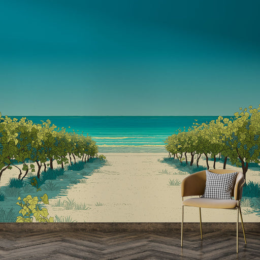 Une pièce moderne avec un papier peint représentant un chemin menant à la plage, entouré de vignes et d'une mer turquoise, créant une ambiance relaxante et estivale.