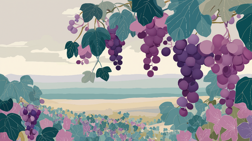 Papier peint vignoble Grappe de raisins et paysage en douceur