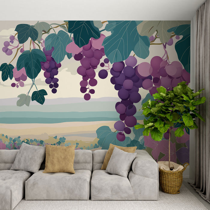 Un salon contemporain avec un papier peint illustrant des grappes de raisins violets et des feuilles stylisées, créant une ambiance chaleureuse et naturelle.