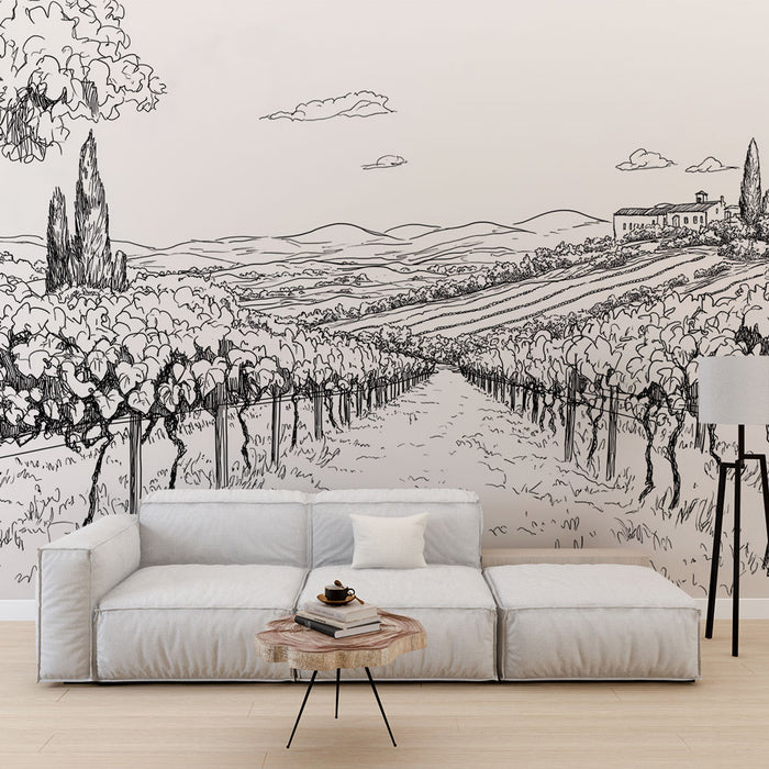 Papier peint vignoble | Illustration en noir et blanc d'un paysage de vignes