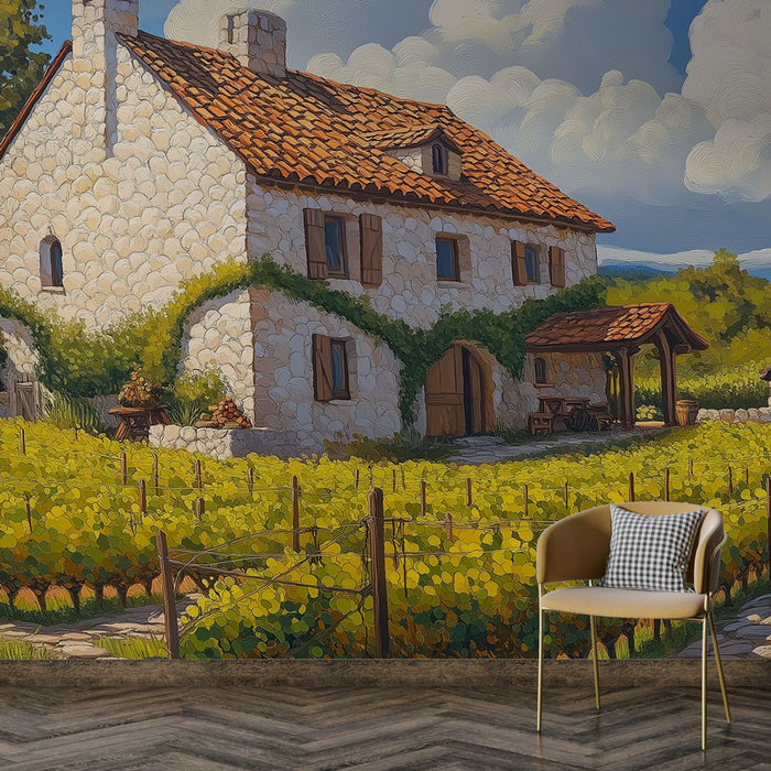 Papier peint vignoble | Maison en pierre au milieu des vignes