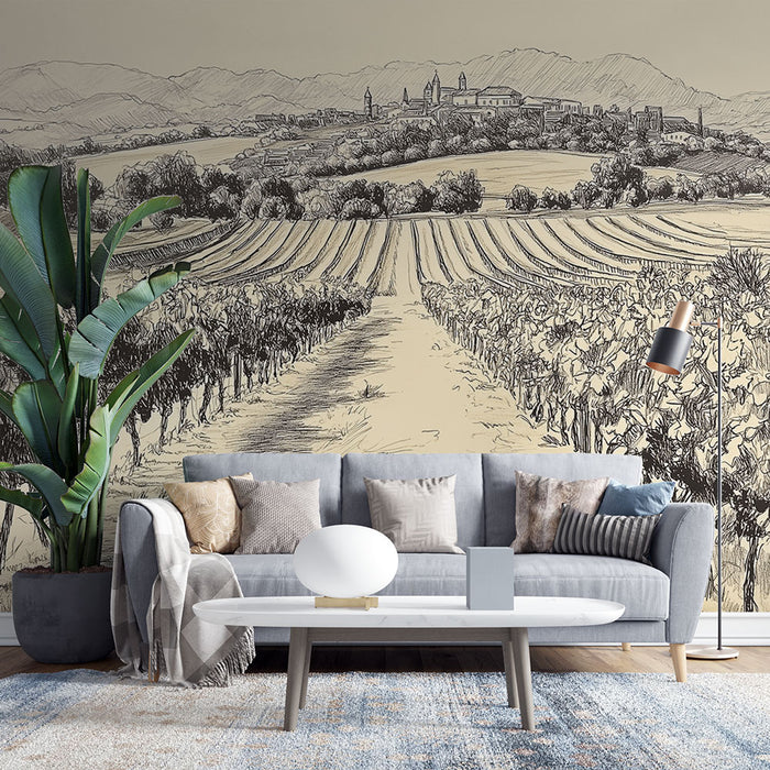 Papier peint vignoble | Paysage naturel en noir et blanc