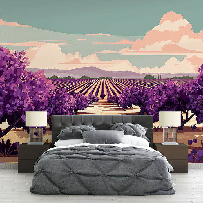 Une chambre moderne avec un papier peint représentant un paysage de vignobles colorés, où des rangées de vignes violettes s'étendent sous un ciel apaisant.