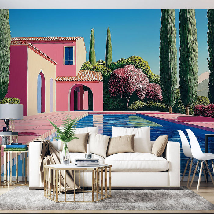 Un salon lumineux avec un papier peint illustrant une villa méditerranéenne colorée, des cyprès élancés et une piscine, créant une atmosphère estivale et accueillante.
