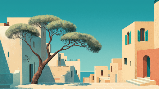 Papier peint village méditerranéen Maisons aux teintes douces et arbre emblématique