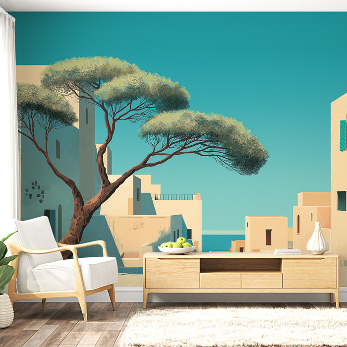 Une pièce lumineuse avec un papier peint représentant un paysage méditerranéen stylisé, mêlant des teintes turquoise et beige, évoquant une atmosphère sereine et estivale.