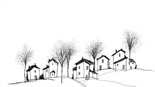 Papier peint village minimaliste Silhouettes de maisons et arbres stylisés