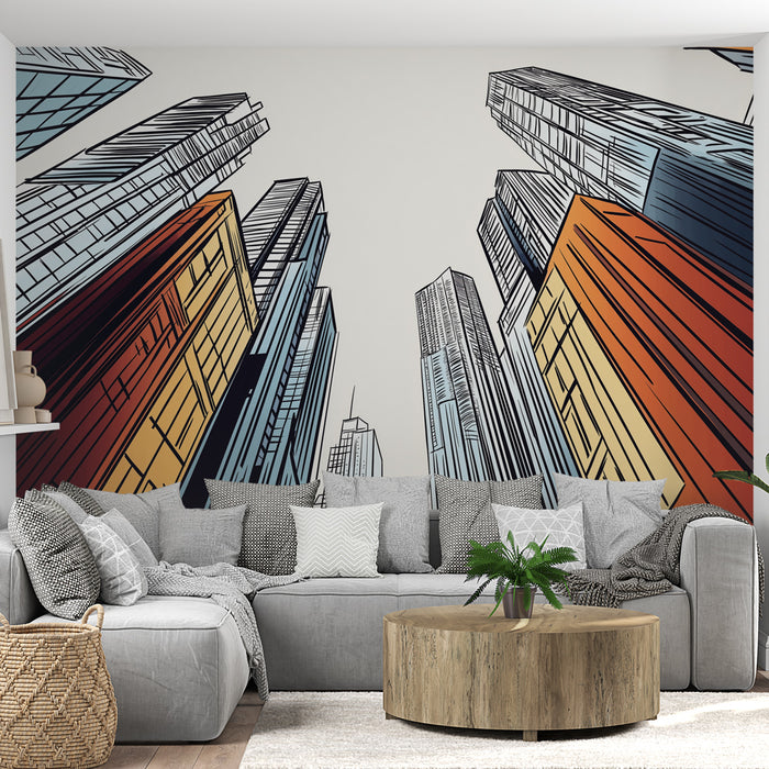 Un salon contemporain avec un papier peint graphique représentant des gratte-ciels stylisés aux lignes épurées et aux teintes vives, créant une atmosphère dynamique et urbaine.