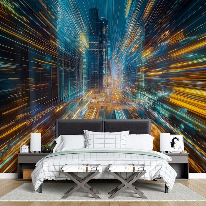 Une chambre moderne avec un papier peint dynamique représentant une vue urbaine en mouvement, mêlant des teintes de bleu, orange et jaune pour une ambiance énergique.