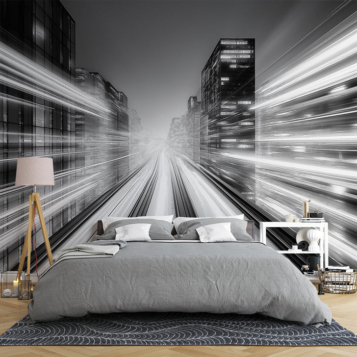 Une chambre moderne avec un papier peint en noir et blanc représentant une vue dynamique de la ville, créant une ambiance urbaine et futuriste.