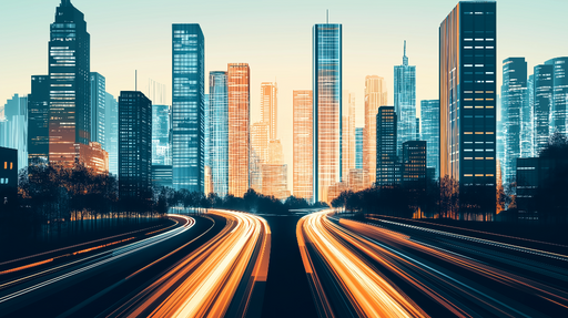 Papier peint ville futuriste Vue dynamique d'une métropole moderne au crépuscule