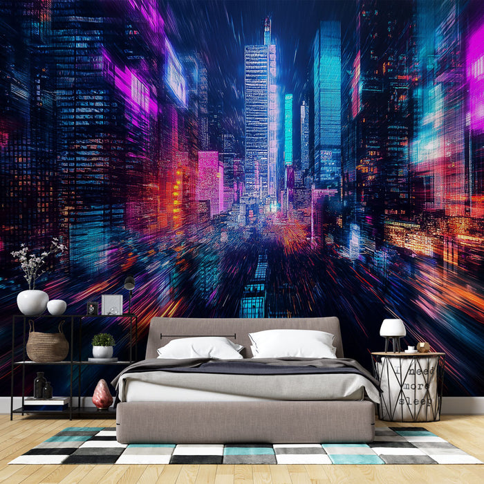 Une chambre moderne avec un papier peint représentant une ville dynamique aux lumières vives et colorées, créant une ambiance urbaine et énergique.