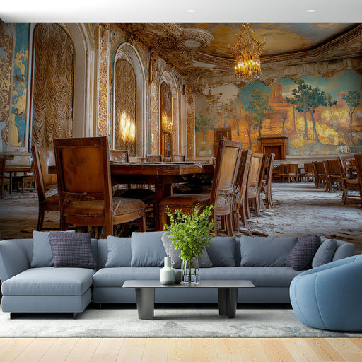 Un salon élégant avec un papier peint représentant une salle de banquet ancienne, ornée de détails dorés et de fresques colorées, créant une atmosphère nostalgique et raffinée.