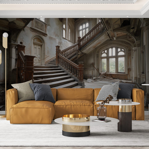 Un salon contemporain avec un papier peint représentant un escalier majestueux dans un ancien bâtiment abandonné, créant une atmosphère nostalgique et mystérieuse.