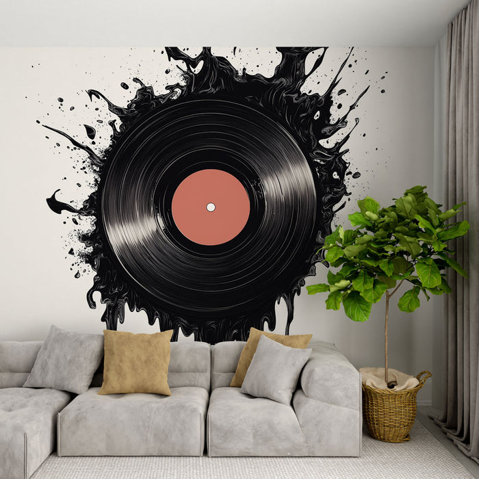 Papier peint vinyle artistique avec motif de disque et éclaboussures d'encre noire pour salon moderne.