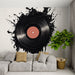 Papier peint vinyle artistique avec motif de disque et éclaboussures d'encre noire pour salon moderne.