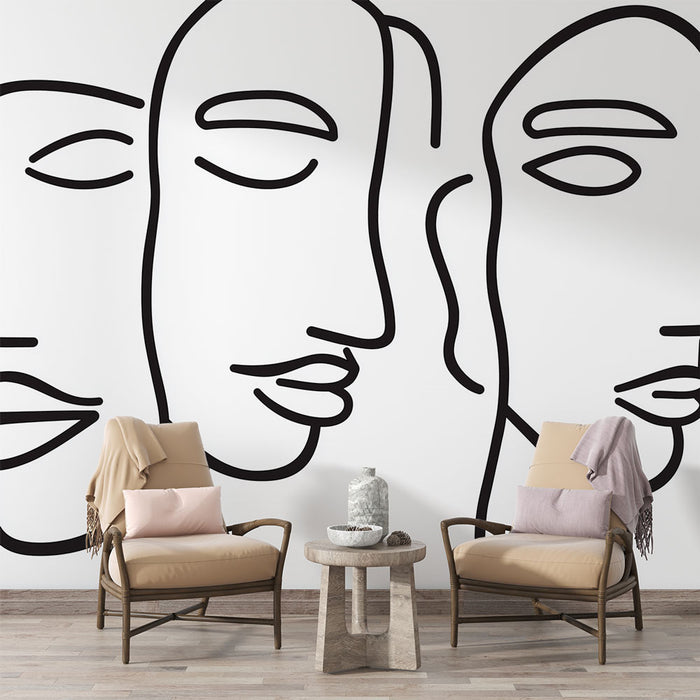 Papier peint design minimaliste avec visages abstraits entrelacés pour salon moderne