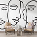 Papier peint design minimaliste avec visages abstraits entrelacés pour salon moderne