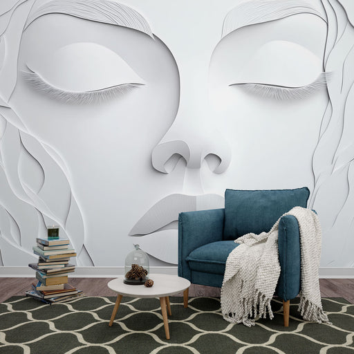 Papier peint design minimaliste avec visage féminin en relief pour salon moderne