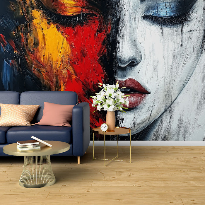 Papier peint visage abstrait avec couleurs contrastées pour salon moderne et artistique